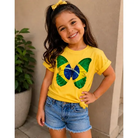 Camiseta Brasil Infantil Para Meninas Estampada de Borboleta Blusa Algodão Tecido Macio ENVIO IMEDIATO