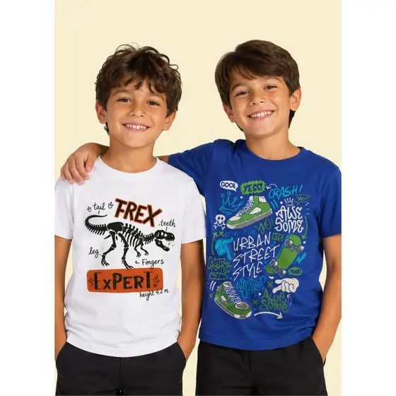 Kit 2 Camisetas Infantil Menino Estampadas Manga Curta Algodão Sortido