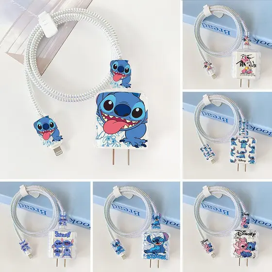 Stitch 5 Pçs/set  Caso De Proteção Do Cabo Dados Compatível Para iPhone 16 15 14 13 12 charger Bonito Dos Desenhos Anima