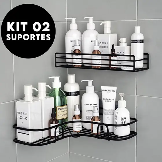 Kit com 2 Suportes De Metal Adesivo Para Parede Cozinha e Banheiro/Suporte Organizador Canto Shampoo Banheiro Preto