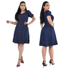 Vestido Feminino Jeans Com Zíper Vestido Curto Soltinho Manga Curta