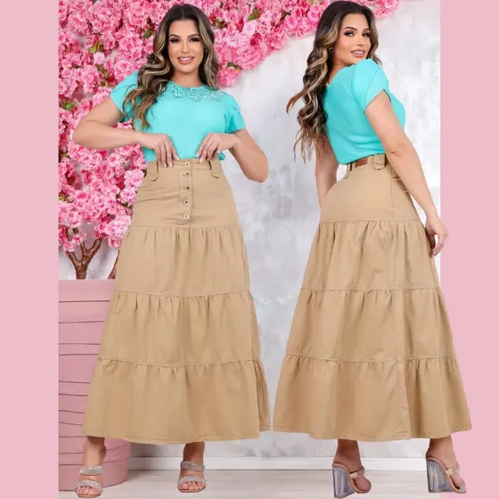 Saia Feminina Jeans Algodão Saia  Longa Cintura Alta Casual