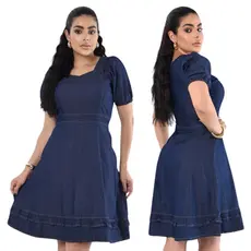 Vestido Jeans feminino Manga Princesa Vestido Evasê Midi Com Zíper