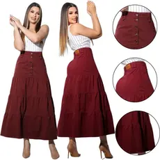 Saia Jeans Cintura Alta Tecido Algodão Saia Longa Feminina