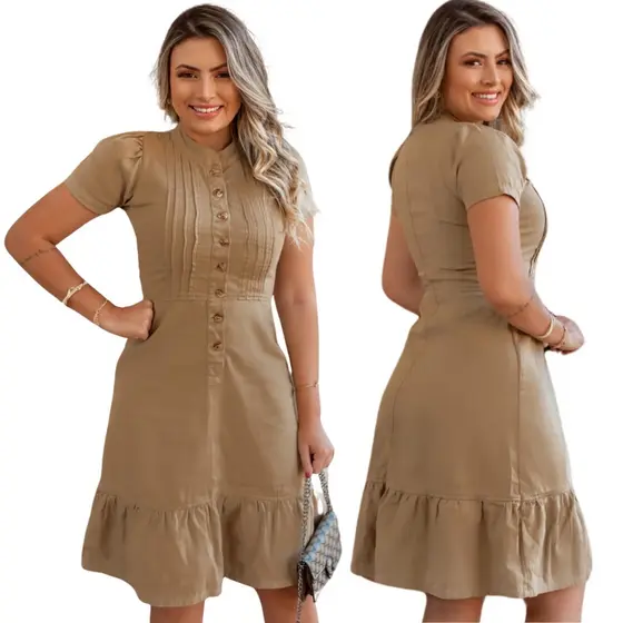 Vestido Feminino Midi Vestido Casual Manga Curta Tecido Brim