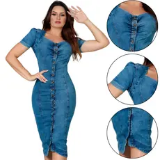 Vestido Tubinho Manga Princesa Vestido Jeans Botão