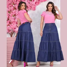 Saia Longa Jeans Saia 3 Marias Cintura Alta Tecido Algodão