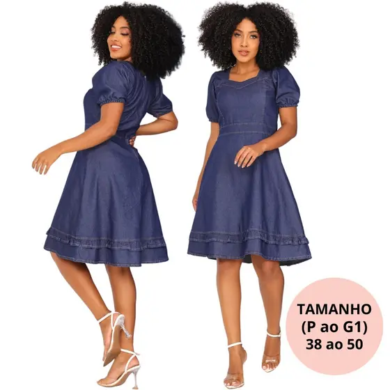 Vestido Feminino Midi Manga Curta Soltinho Vestido Elegante Jeans Elastano