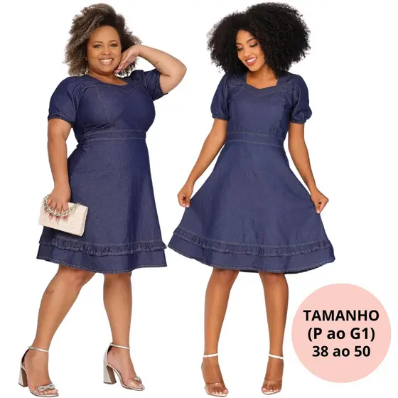 Vestido Feminino Jeans Manga Princesa Vestido Midi Elegante Com Elastano
