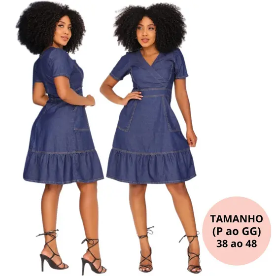 Vestido Midi Soltinho Com Bolso Vestido Decote V Jeans Feminino