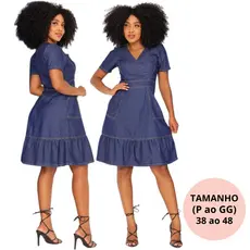 Vestido Midi Soltinho Com Bolso Vestido Decote V Jeans Feminino