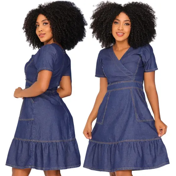 Vestido Jeans Feminino Rodado Com Bolso Vestido Manga Curta Com Elastano