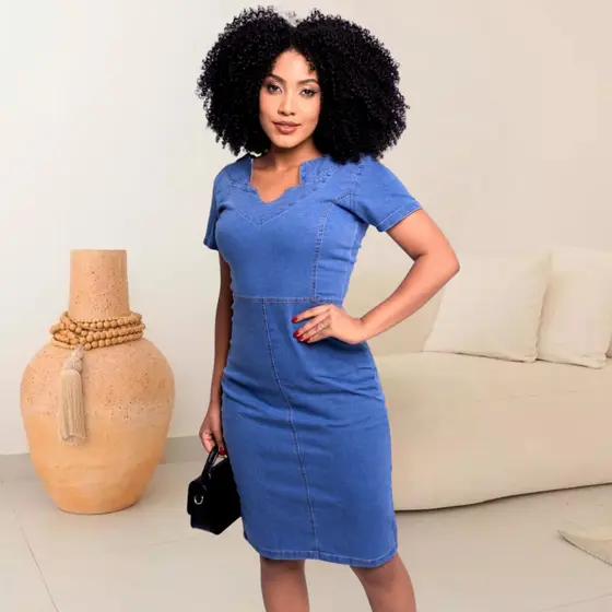 Vestido Jeans feminino Casual Estiloso Manga Curta