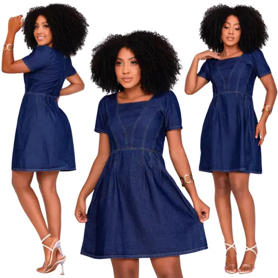 Vestido Feminino Jeans Soltinho Curto Rodado Com Manga