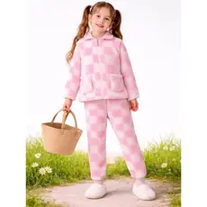 Conjunto Infantil Feminino Pijama Soft Peluciado Xadrez Com Zíper Roupa De Frio Menina Jaqueta E Calça