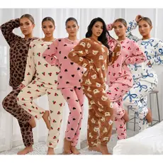 Pijama Feminino Longo Peluciado Estampado Inverno Blusa Manga Longa E Calça Conjunto Quente E Macio
