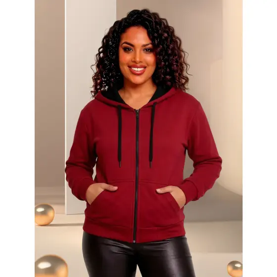 Moletom Ziper Blusa de Frio Liso Feminina Lisa Zíper Inverno