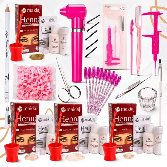 kit design de sobrancelhas profissional completo henna mixer paquimetro dappen lápis pinça batoque