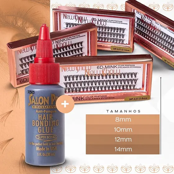 Conjunto de Cola 30ml Salon Pro + Caixa Com Cílios postiços 6D MINK NEW SHOW - Tufos Sem nó