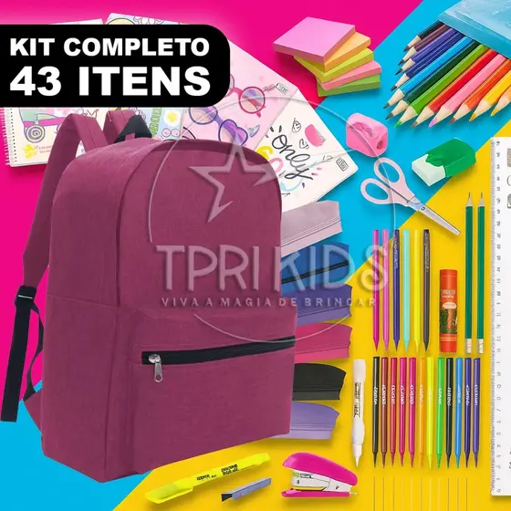 Kit Material Escolar Completo 43 Itens Mochila Menina Rosa Estojo Caderno Fundamental Faculdade