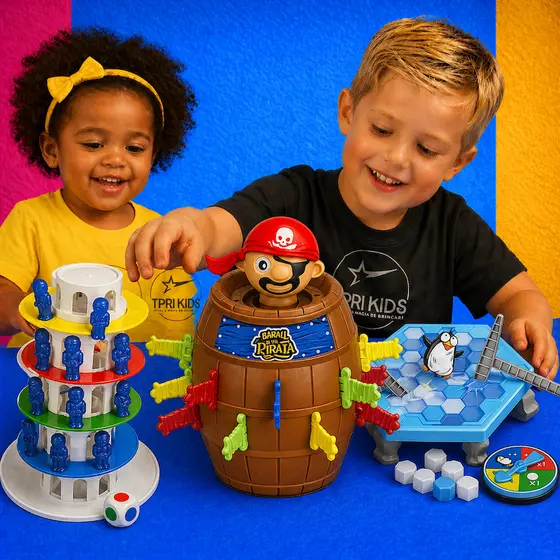 Kit 3 Jogos Brinquedo Infantil Educativo Torre Maluca + Pinguim Quebra Gelo + Pula Pirata Pedagógico