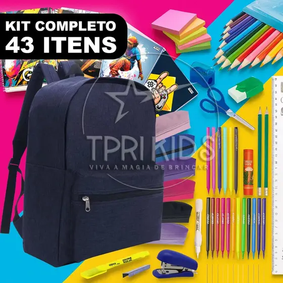 Kit Material Escolar Completo 43 Itens Mochila Menino Marinho Caderno Fundamental Médio Escola