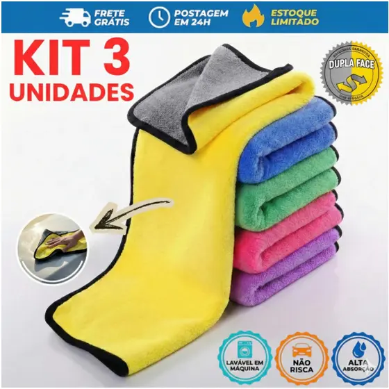Kit 3 Toalha Pano Limpeza 30x30 2 Lados Limpar Carros sem Arranhar Multiuso De Microfibra Macia