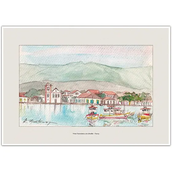 Vista Panorâmica de Paraty | Arte Aquarela para Quadro Decorativo | Lembrança Decoração A4