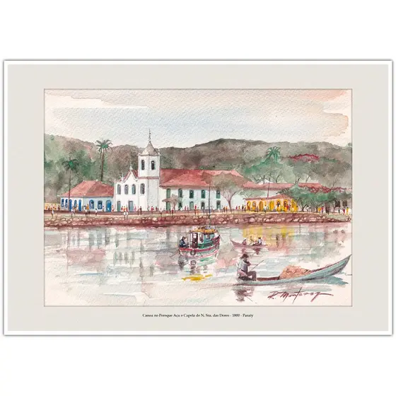 Canoa no Pereque Açu e Capela de Nossa Senhora das Dores 1800 - Paraty | Arte para Decoração A4