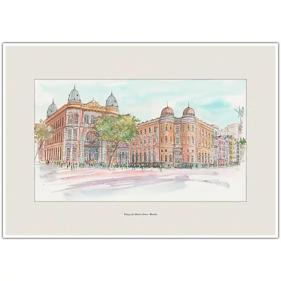 Praça do Marco Zero - Recife | Arte Aquarela para Quadro Decorativo | Decoração Elegante | A4