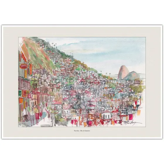 Favelas - Rio de Janeiro | Arte em Aquarela para Quadro Decorativo | Decoração Elegante | A4