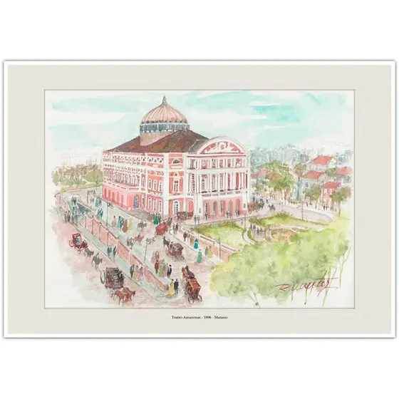 Teatro Amazonas 1896 - Manaus | Arte Aquarela para Quadro Decorativo | Decoração Elegante | A4