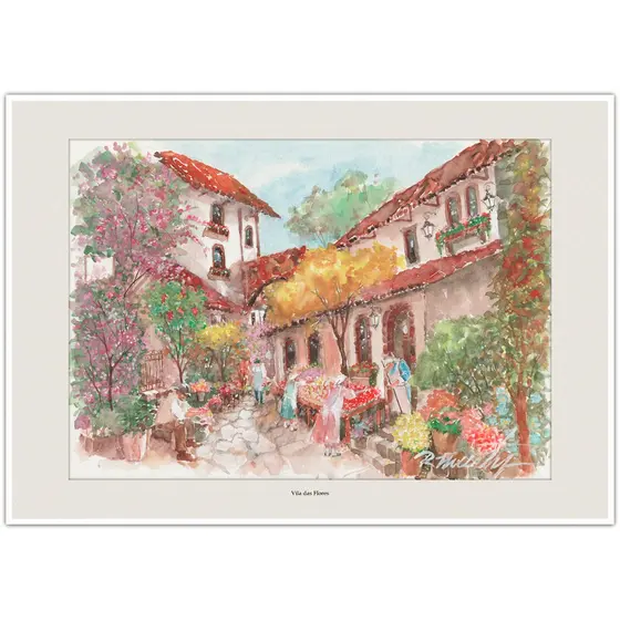 Vila das Flores | Arte Aquarela para Quadro Decorativo | Decoração Elegante A4