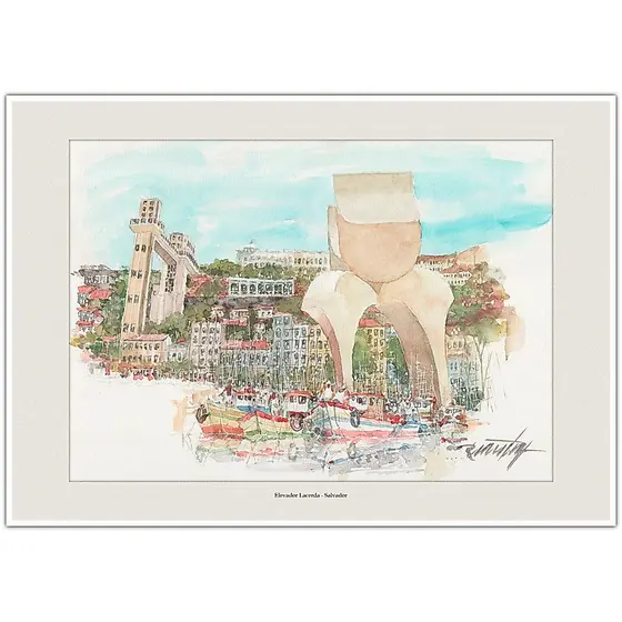 Elevador Lacerda - Salvador | Arte Aquarela para Quadro Decorativo | Decoração Lembrança A4