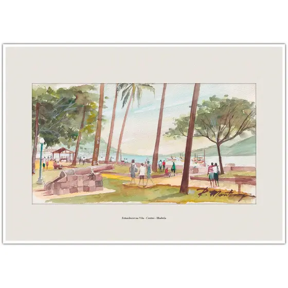 Entardecer na Vila - Centro - Ilhabela | Arte Aquarela para Quadro Decorativo | Lembrança A4