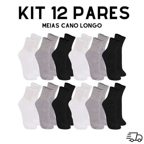 Kit 12 Pares de Meia Cano Alto