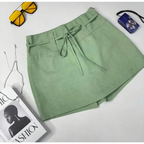 Short Saia Feminino de Linho Cintura Alta com Faixa