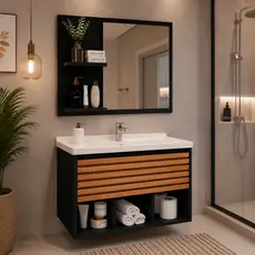 Conjunto Gabinete para Banheiro com Espelheira Espelho Porta Ripada e Nichos