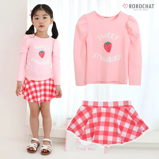 ROROCHAT Maiô Feminino Morango Rosa Manga Comprida De Duas Peças Vestido De 3 A 9 Anos Terno De Natação Padrão Xadrez Com Bloqueio De UV