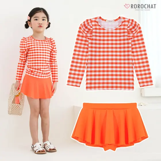 ROROCHAT Maiô Feminino Laranja Xadrez De Manga Comprida De Duas Peças 2P Conjunto 3-9Y Vestido Menina Padrão Tecido De Proteção UV U