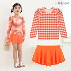ROROCHAT Maiô Feminino Laranja Xadrez De Manga Comprida De Duas Peças 2P Conjunto 3-9Y Vestido Menina Padrão Tecido De Proteção UV U