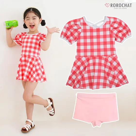 ROROCHAT Maiô Feminino Com Estampa Xadrez Vermelha , Manga Curta , Duas Peças , Vestido De 3 A 9 Anos , Menina , Padrão Vermelho Protetor Solar , Material UPF50 +