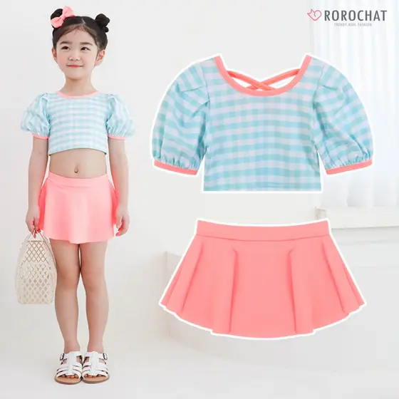 ROROCHAT Maiô Feminino De Manga Curta Com Padrões Xadrez De Cor Menta , De Duas Peças De 3 A 9 Anos Comprida Para Meninas , Tecido Protetor Solar UPF50
