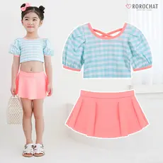 ROROCHAT Maiô Feminino De Manga Curta Com Padrões Xadrez De Cor Menta , De Duas Peças De 3 A 9 Anos Comprida Para Meninas , Tecido Protetor Solar UPF50