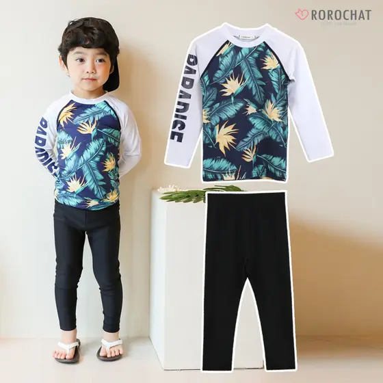 ROROCHT Maiôs Térmicos Infantis Fatos De Mergulho De Manga Comprida Para Bebês Meninos Banho Com Proteção Solar Traje Estampa Tropical Top Lettering Rash Guard Leggings 2pSet