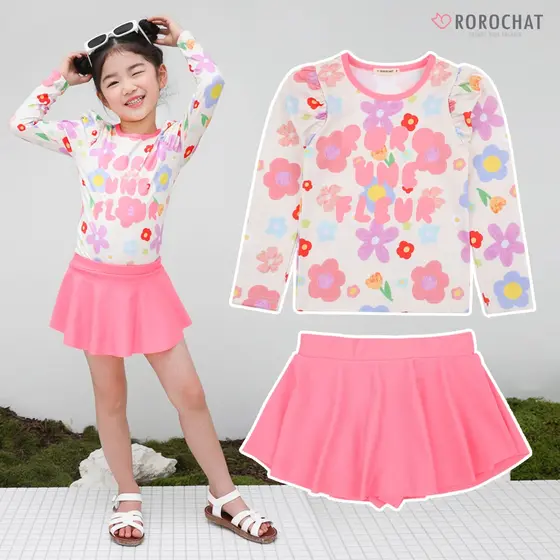 ROROCHAT Maiô Feminino De Manga Comprida Com Estampa De Flor Rosa De 3 A 9 Anos Estampado Ombro Franzido Tapete De Proteção UV