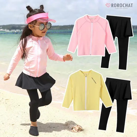 ROROCHAT Térmico Crianças Maiô Preto Conjunto 2P Saia Leggings Top Zip-Up De Manga Comprida Menina Rosa Lash Guard
