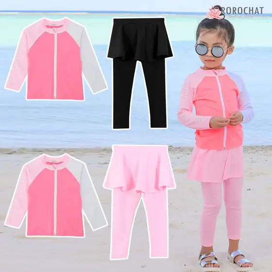 ROROCHAT Térmico Crianças Maiô 2P Conjunto Saia Leggings Top Zip-Up De Manga Comprida Menina Rosa Lash Guard