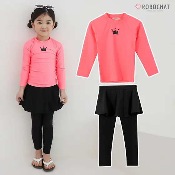 ROROCHAT Maiô Térmico Feminino Rosa De Manga Comprida , Duas Peças , Conjunto 2P , 3-9 Anos , Vestido Estampado Em Formato De Coroa , Saia , Proteção Contra Arranhões , Infantil