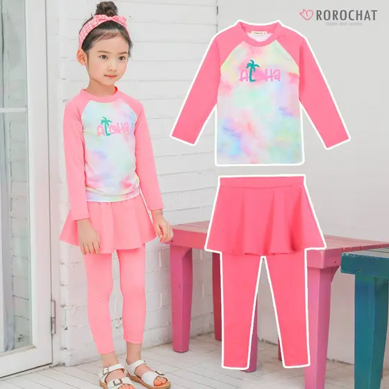 ROROCHAT Maiô Térmico Feminino Fluorescente Rosa Manga Comprida De Duas Peças 2P Conjunto 3-9a Vestido Infantil Menina Aurora Estampa Proteção Contra Arranhões ch